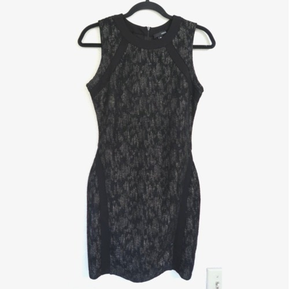 AQUA‎ Metallic Knit Sleeveless Sheath Bodycon Dress Black Gold Sz S Cocktail